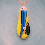copper wrapped yellow and blue dichroic glass fusion pendant
